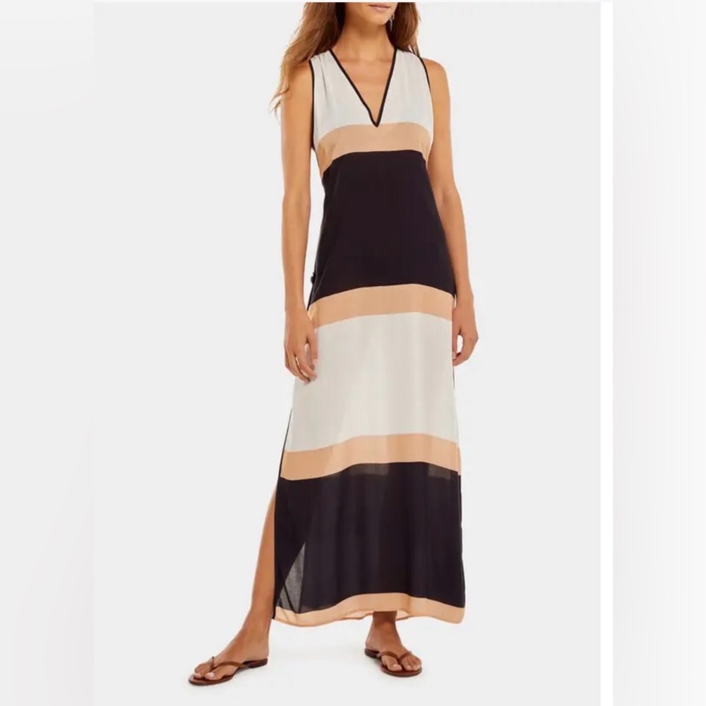NWT VIX Paula Hermanny Viola Stripe Caftan in Black, White and Tan, Size Medium